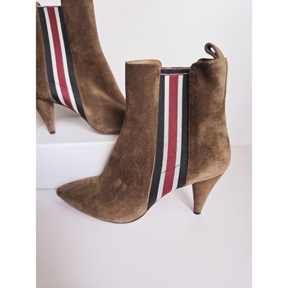 Veronica Beard Flynn Brown Suede Leather Stripe Cone Heel Boots Booties 38 7 - Picture 3 of 11